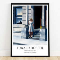 Edward Hopper art print with woman in white dress on city steps, black frame wall decor