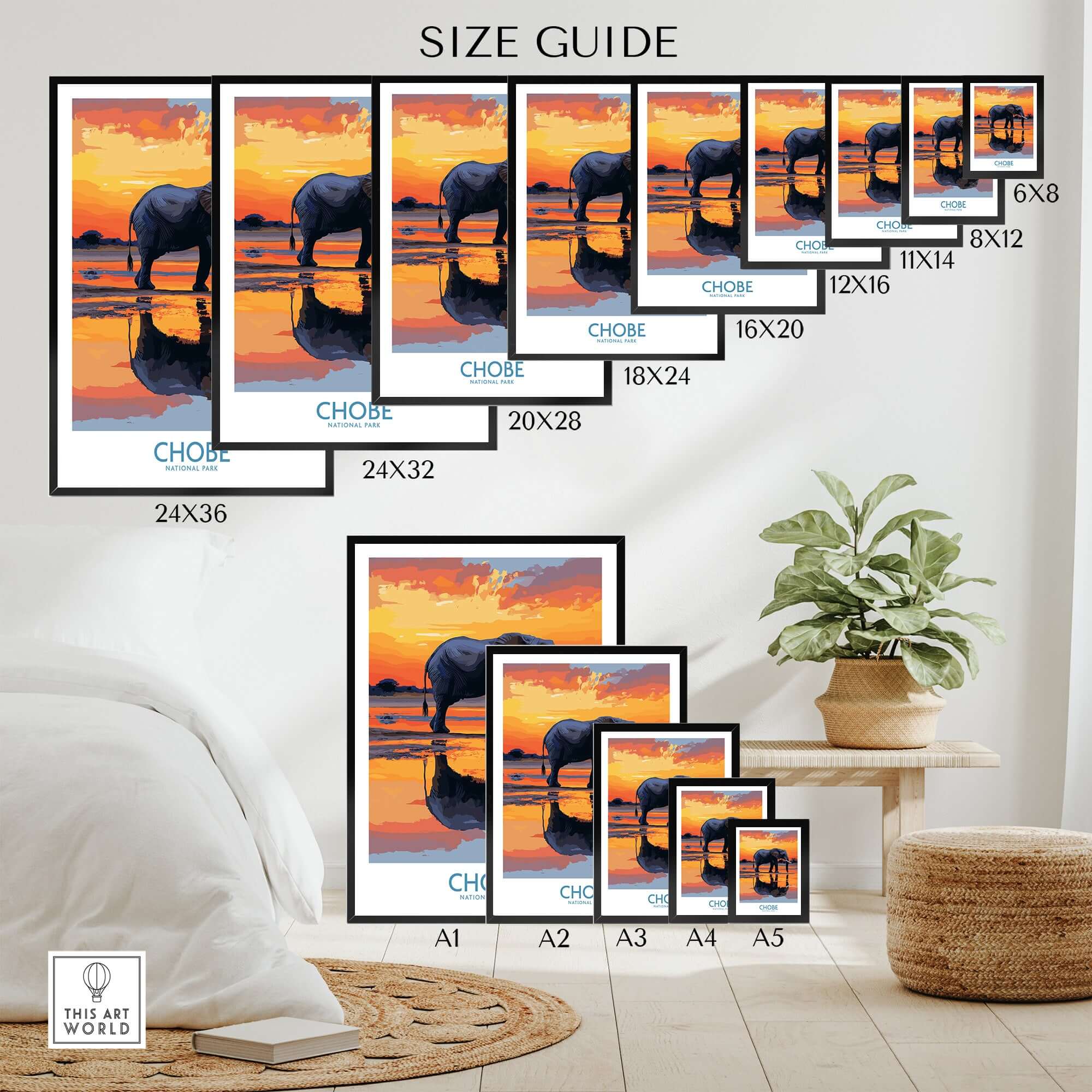 Elephant Illustration - Chobe National Park Botswana Wall Art Poster size guide displaying various frame sizes.