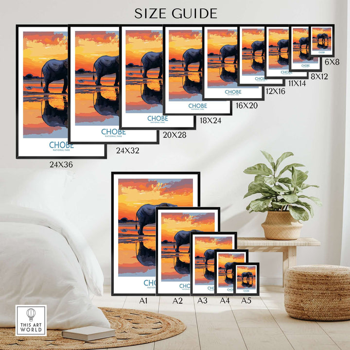 Size guide for Chobe National Park elephant wall art posters in various dimensions.