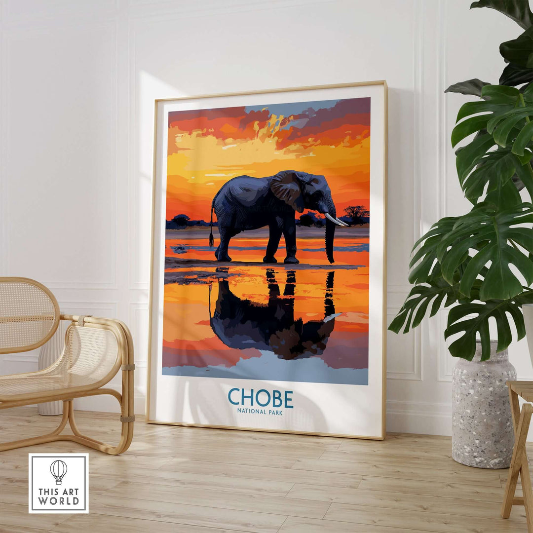 Stylized illustration of an elephant at sunset, Chobe National Park wall art poster in a modern interior setting.