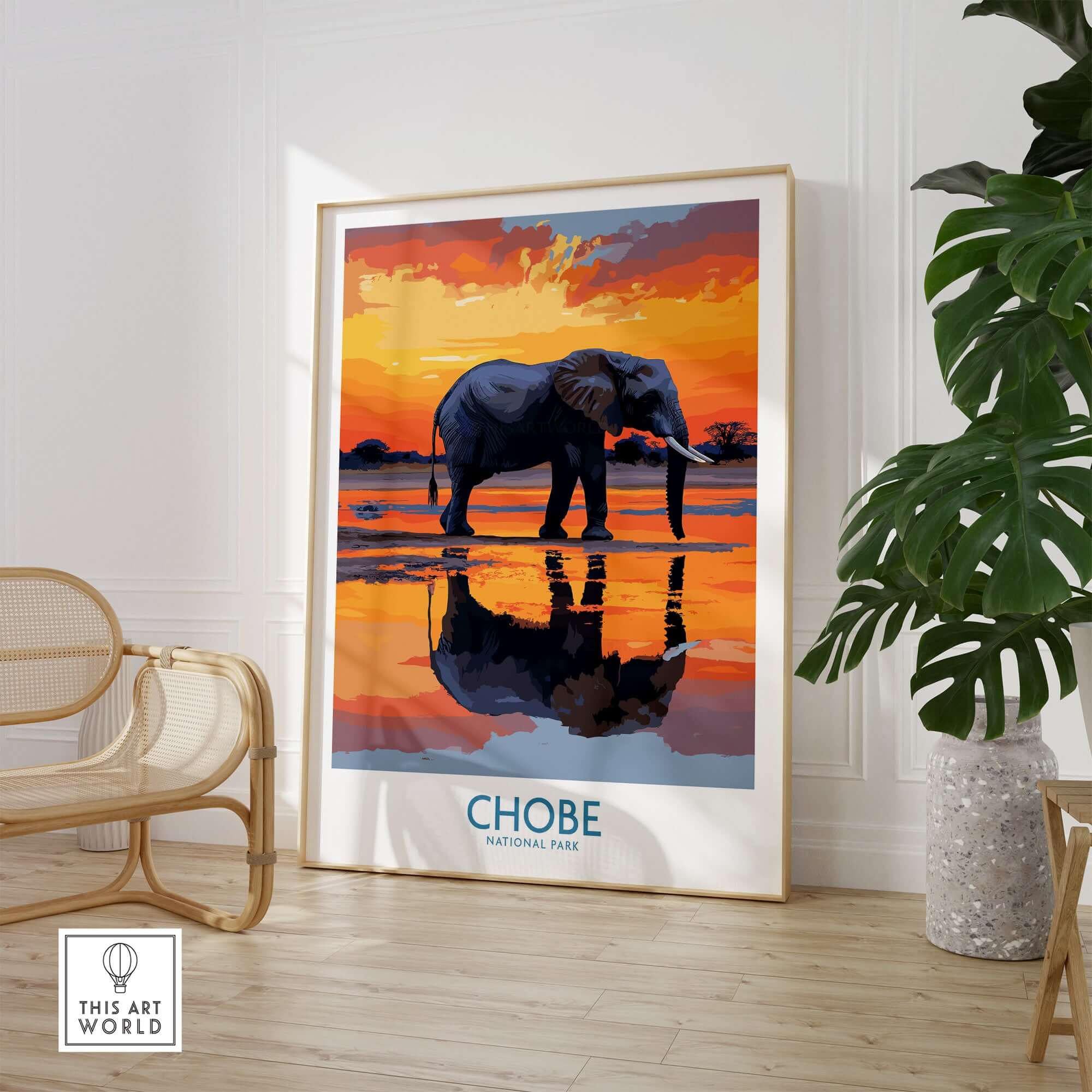 Elephant Illustration - Chobe National Park Botswana Wall Art Poster in modern decor setting with sunset backdrop.