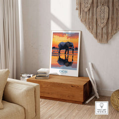 Elephant Illustration - Chobe National Park Botswana Wall Art Poster in a modern living room setting.