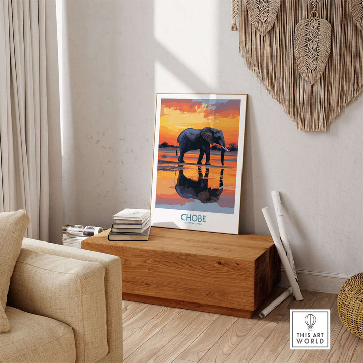 Chobe National Park Botswana wall art poster featuring a stylized elephant illustration at sunset.