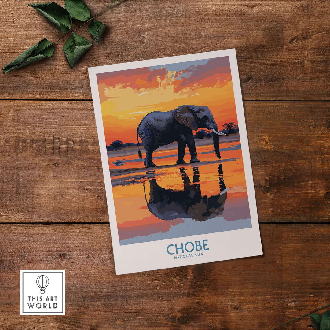 Stylized illustration of an elephant at Chobe National Park, Botswana, featuring vibrant colors and reflections.