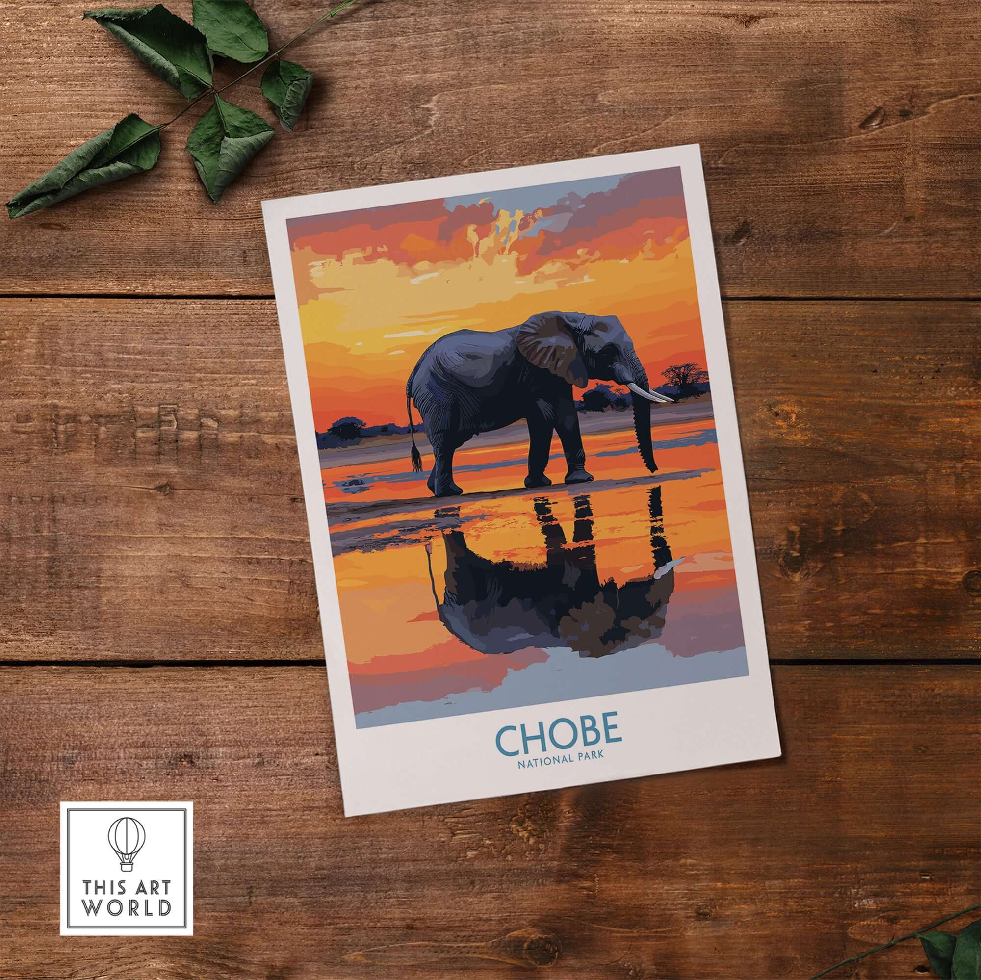 Elephant Illustration - Chobe National Park Botswana Wall Art Poster featuring an African elephant at sunset.