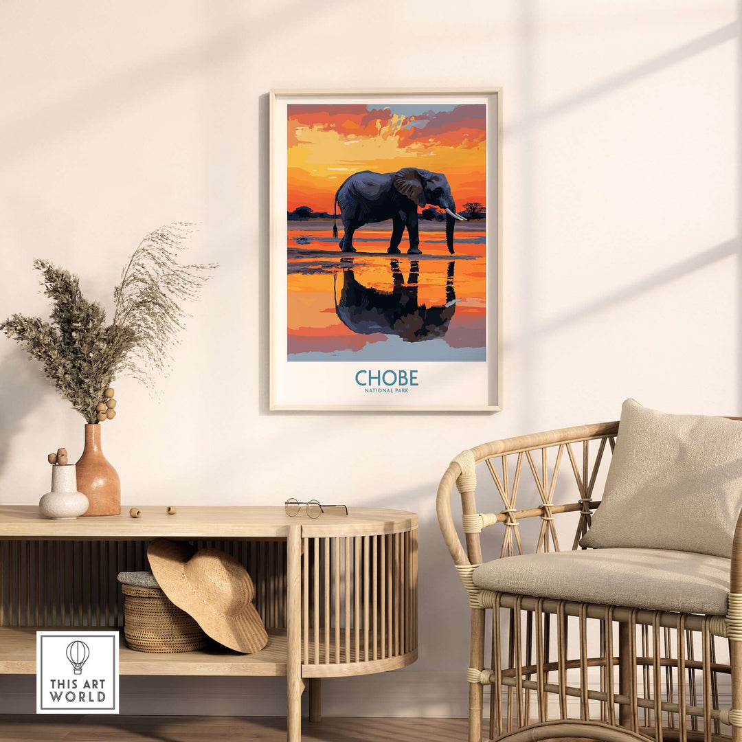 Chobe National Park elephant wall art poster showcasing vibrant sunset colors and modern design.