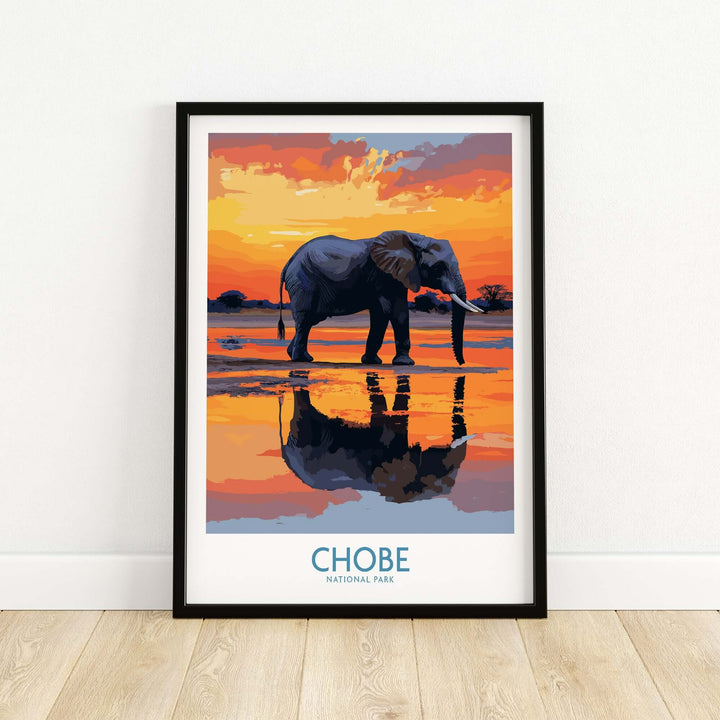 Stylized elephant illustration from Chobe National Park, vibrant sunset backdrop, modern wall art decor.