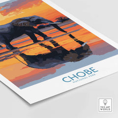 Elephant Illustration - Chobe National Park Botswana Wall Art Poster showcasing a stylized elephant against a colorful sunset.
