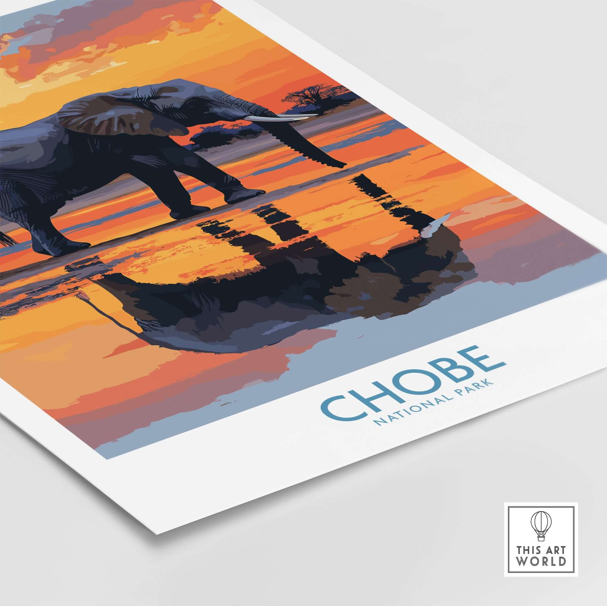 Elephant Illustration - Chobe National Park Botswana Wall Art Poster showcasing a stylized elephant against a colorful sunset.