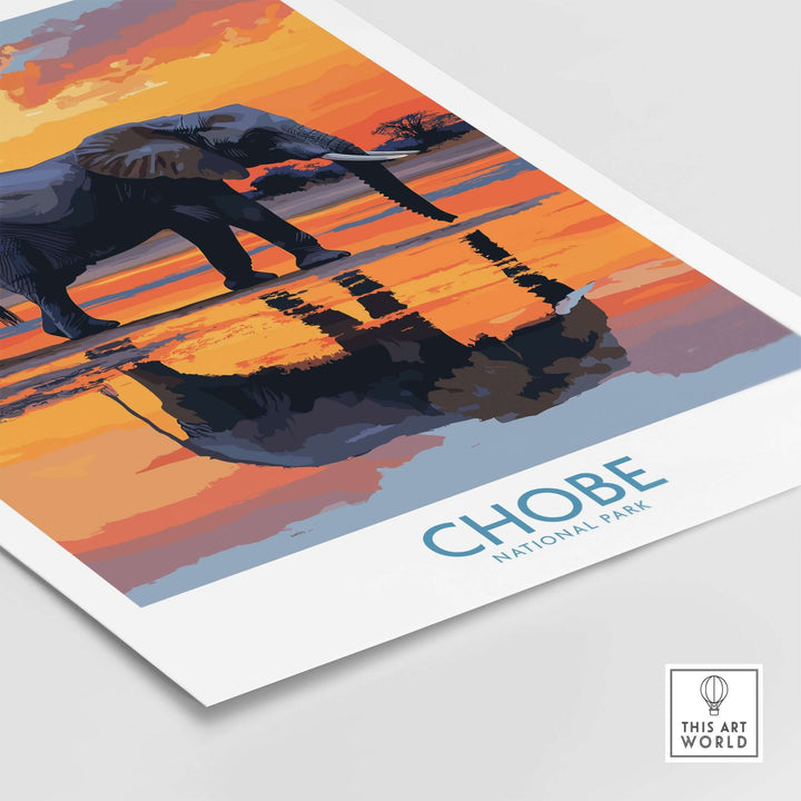 Stylized elephant illustration from Chobe National Park Botswana, vibrant sunset wall art poster.