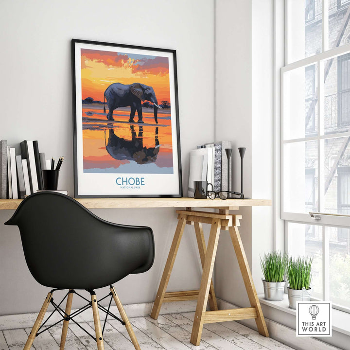 Chobe National Park elephant wall art poster displayed in stylish office setting, showcasing vivid colors and modern design.