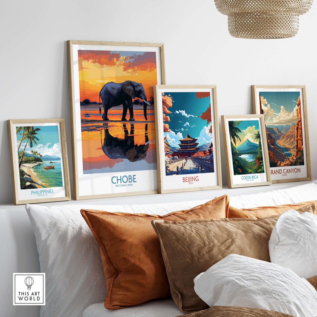 Stylized wall art featuring Chobe National Park elephant illustration and travel posters for home decor.