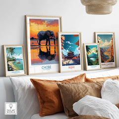 Elephant Illustration - Chobe National Park Botswana Wall Art Poster displayed on a gallery wall with other travel posters.