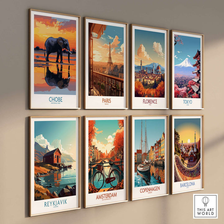 Colorful wall art posters featuring iconic cities and a Chobe National Park elephant illustration, perfect for modern decor.