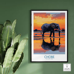 Elephant Illustration - Chobe National Park Botswana Wall Art Poster featuring vibrant sunset colors and reflecting waters.