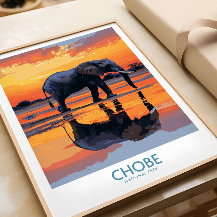 Stylized elephant illustration from Chobe National Park at sunset, perfect for wildlife wall art decor.