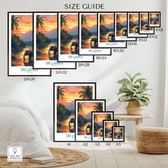 Elephant River Scene Print - Sri Lanka Travel Art, Tropical Wall Hanging size guide for various frame dimensions.