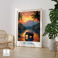 Elephant River Scene Print - Sri Lanka Travel Art, Tropical Wall Hanging in a modern interior.