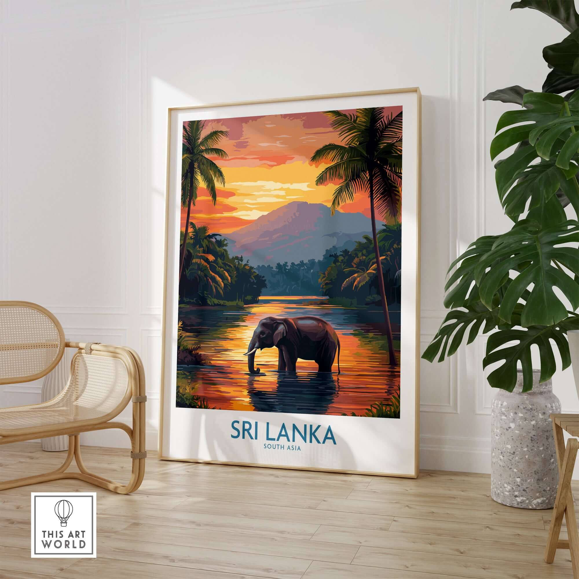 Elephant River Scene Print - Sri Lanka Travel Art, Tropical Wall Hanging in a modern interior.