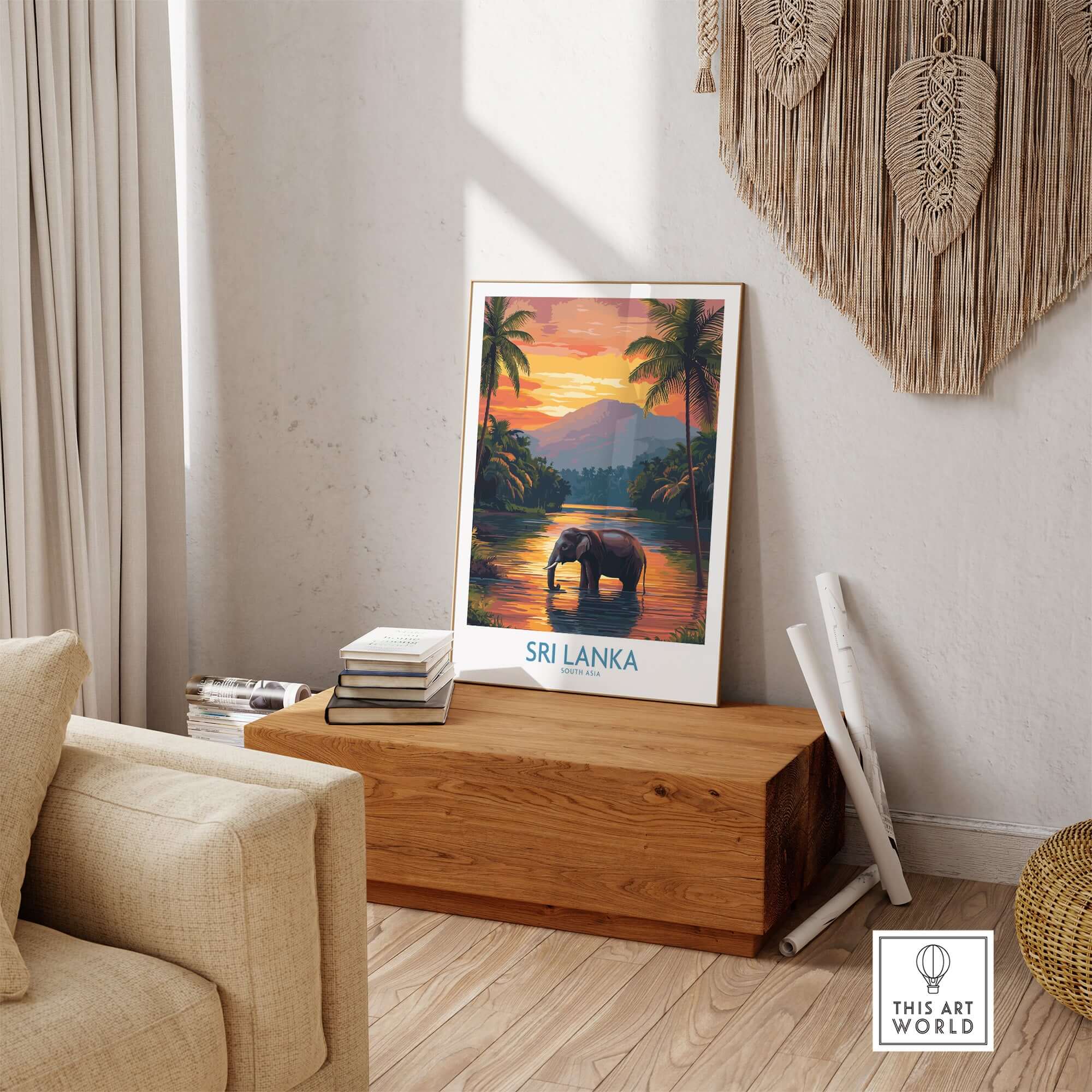 Elephant River Scene Print - Sri Lanka Travel Art, Tropical Wall Hanging displayed in a cozy living room.