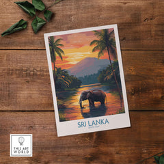 Elephant River Scene Print - Sri Lanka Travel Art, Tropical Wall Hanging displayed against a wooden backdrop.