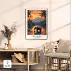 Elephant River Scene Print - Sri Lanka Travel Art, Tropical Wall Hanging, framed art in a modern living room setting.