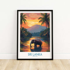 Elephant River Scene Print - Sri Lanka Travel Art, Tropical Wall Hanging
