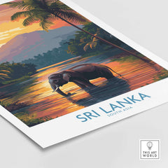 Elephant River Scene Print - Sri Lanka Travel Art, Tropical Wall Hanging showcasing an elephant in a serene landscape.