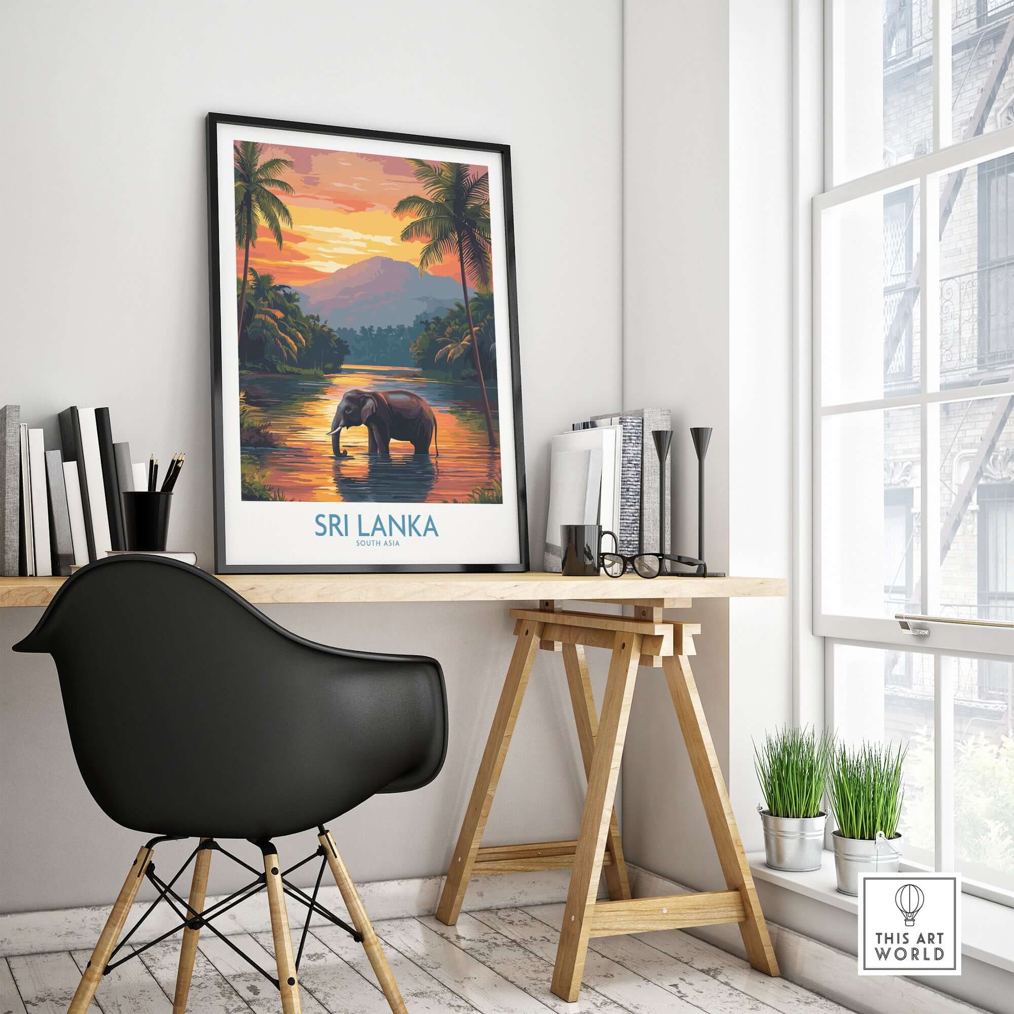 Elephant River Scene Print - Sri Lanka Travel Art, Tropical Wall Hanging displayed in a stylish workspace.