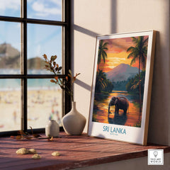 Elephant River Scene Print - Sri Lanka Travel Art, Tropical Wall Hanging displayed in a cozy interior setting.