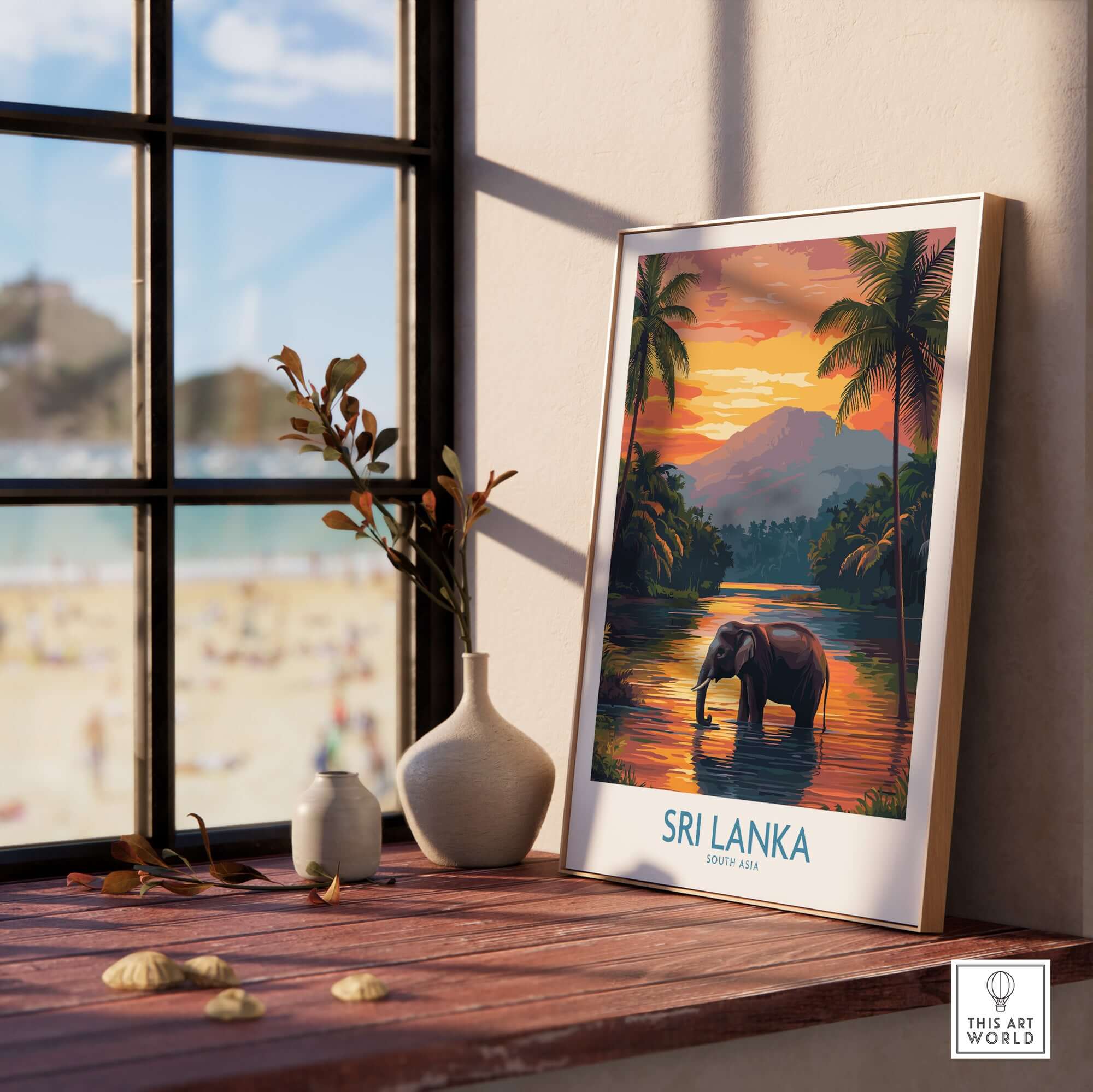 Elephant River Scene Print - Sri Lanka Travel Art, Tropical Wall Hanging displayed in a cozy interior setting.