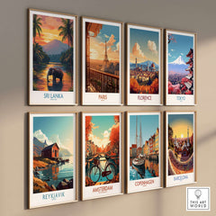 Elephant River Scene Print - Sri Lanka Travel Art, Tropical Wall Hanging, featuring scenic travel prints from various destinations.