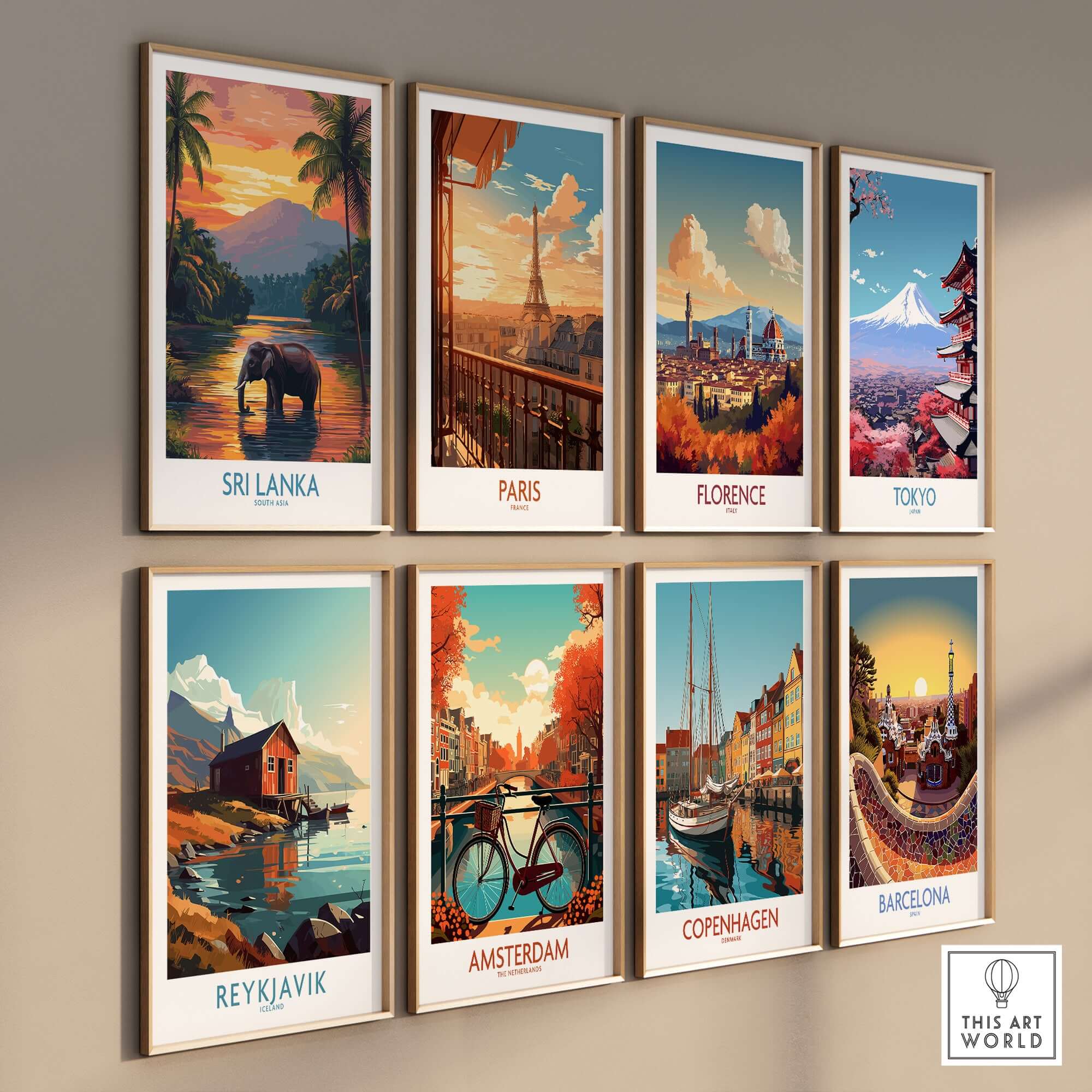 Elephant River Scene Print - Sri Lanka Travel Art, Tropical Wall Hanging, featuring scenic travel prints from various destinations.