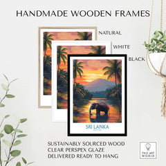 Elephant River Scene Print - Sri Lanka Travel Art, Tropical Wall Hanging in handmade wooden frames.