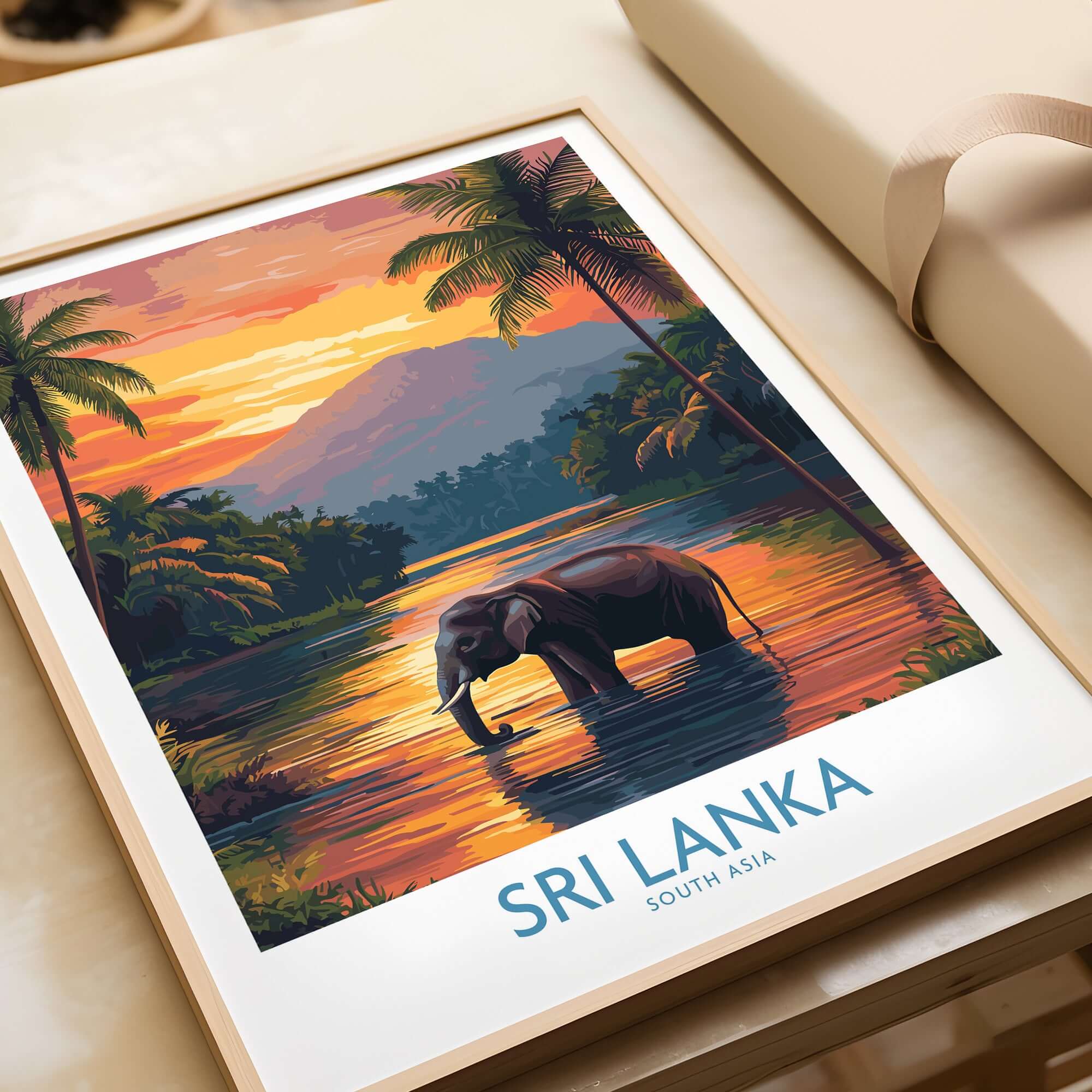 Elephant River Scene Print - Sri Lanka Travel Art, Tropical Wall Hanging featuring a serene landscape with an elephant.