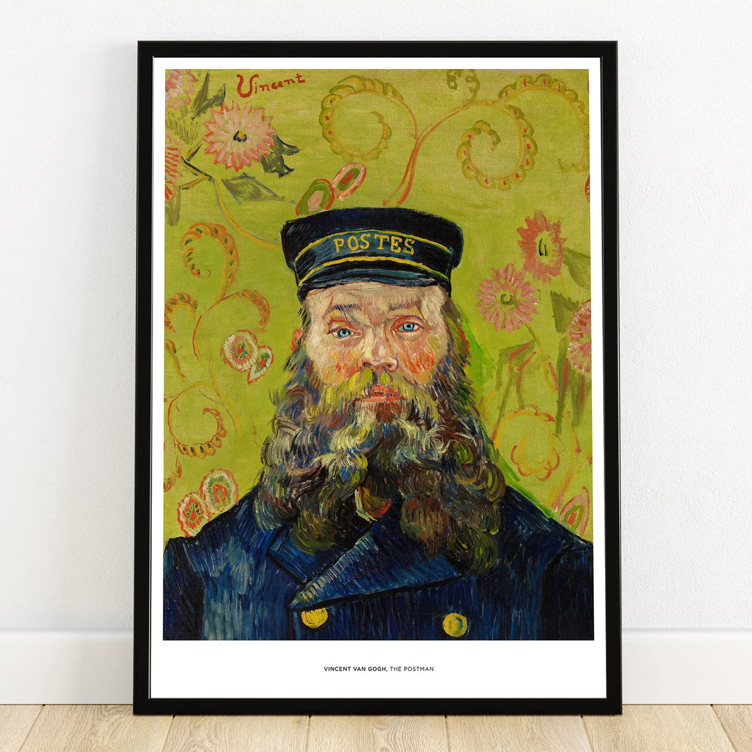 Framed wall art print of a bearded man in uniform, inspired by Vincent Van Gogh, on floral background.