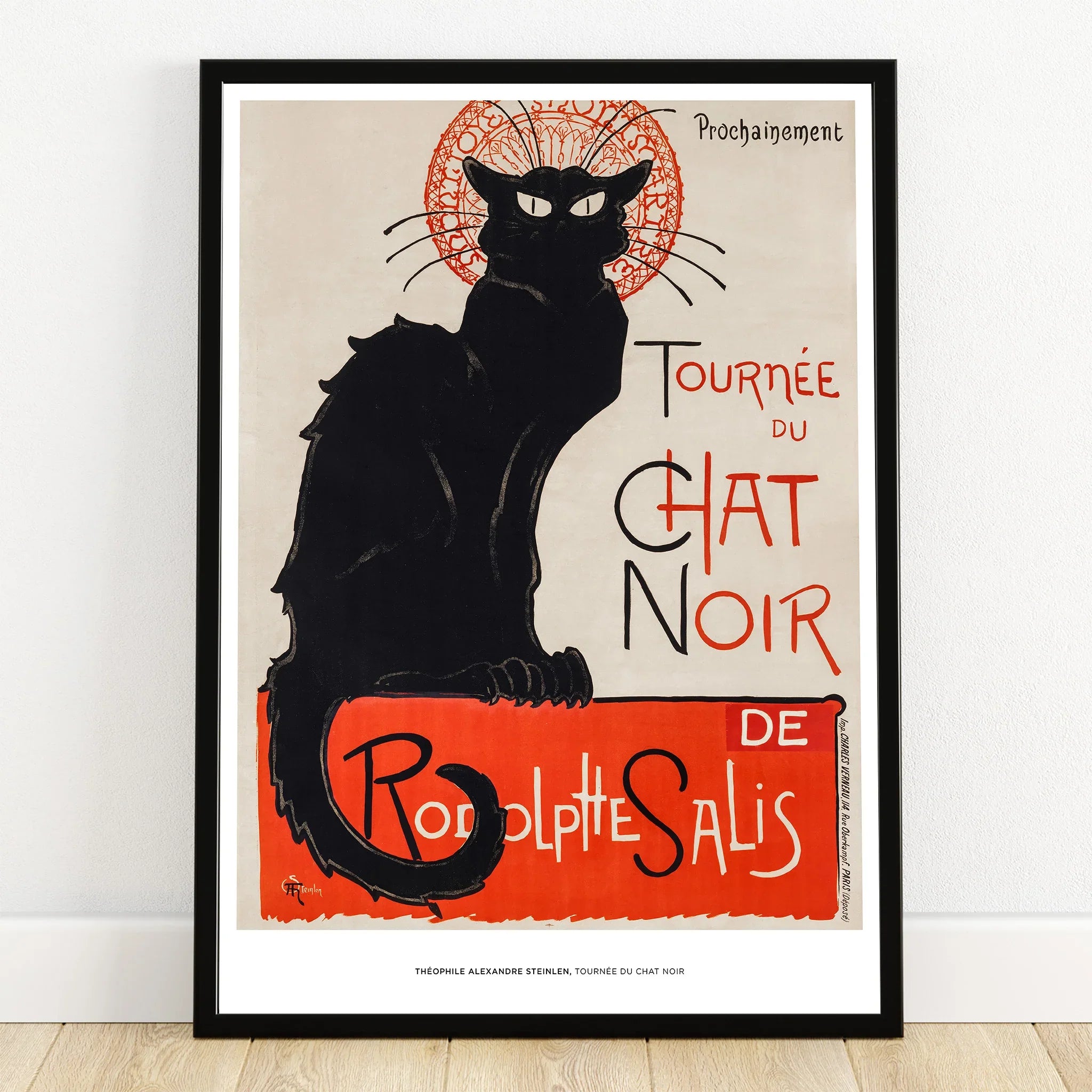 Framed art print of vintage black cat poster with bold red and beige graphic design