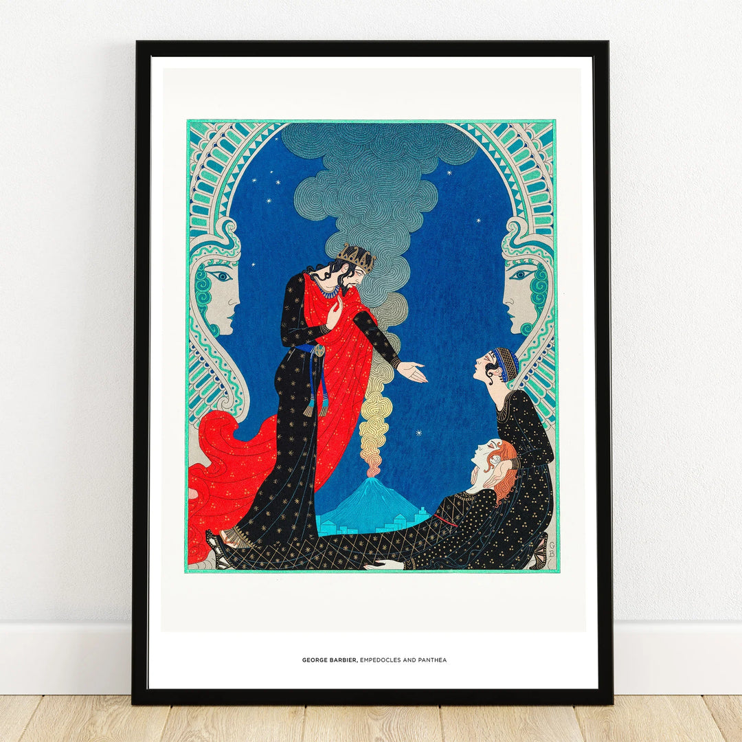 Art deco style wall art print featuring figures with volcano and smoke, vibrant blue background.
