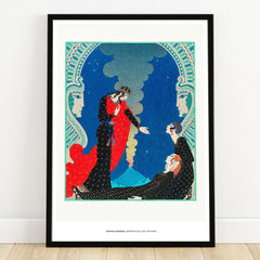 Art deco style wall art print featuring figures with volcano and smoke, vibrant blue background.