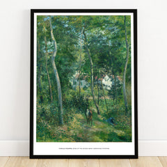 Framed wall art print of a forest landscape painting with a house and a person on a path