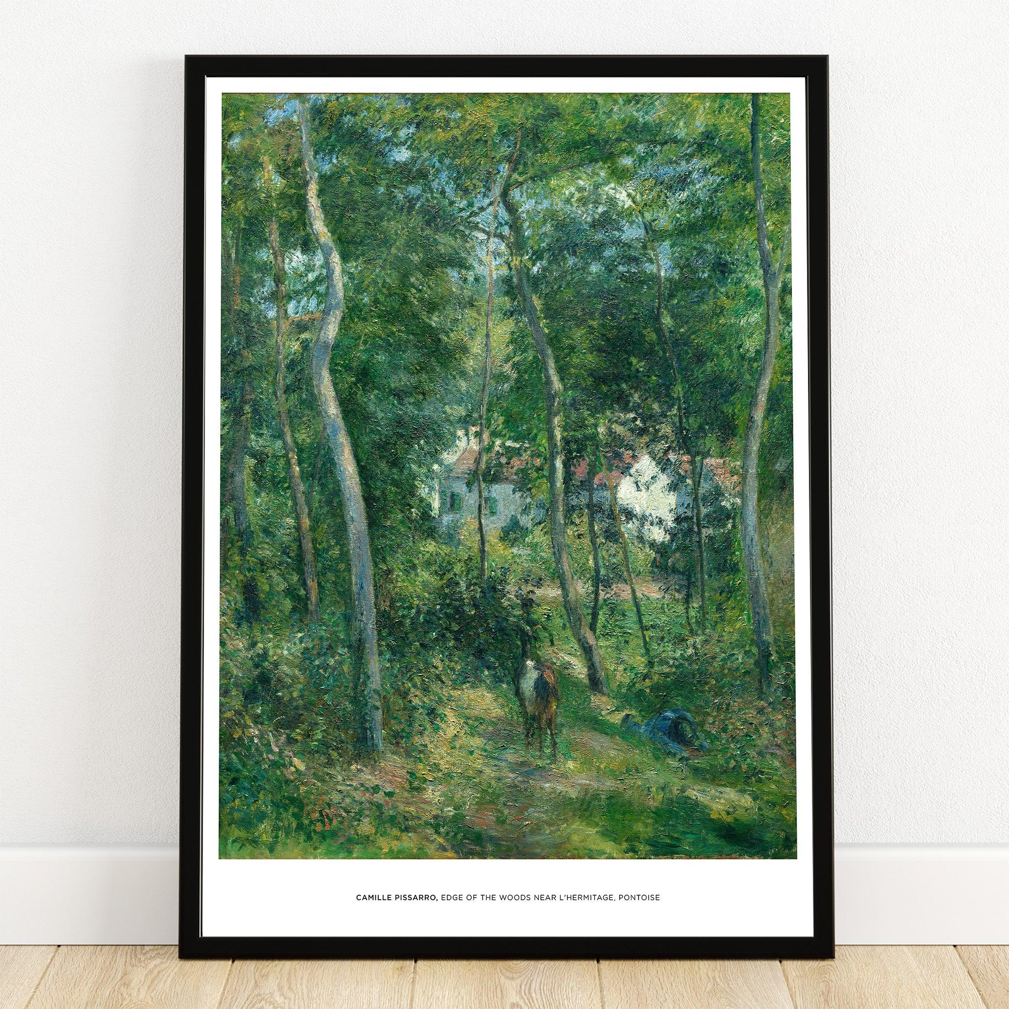 Framed wall art print of a forest landscape painting with a house and a person on a path