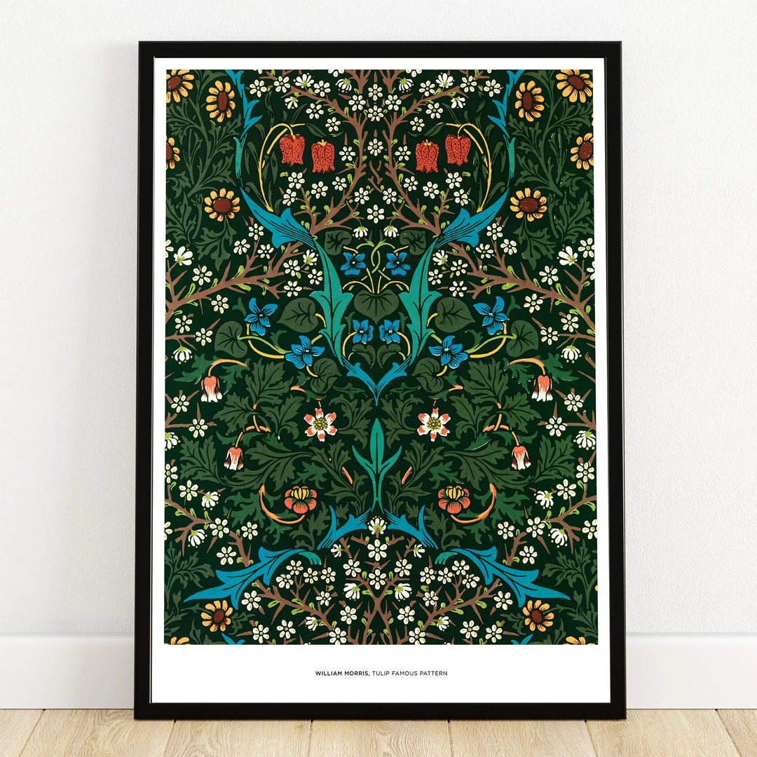 Framed William Morris floral wall art print with green, red, blue, and yellow botanical pattern
