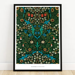 Framed William Morris floral wall art print with green, red, blue, and yellow botanical pattern