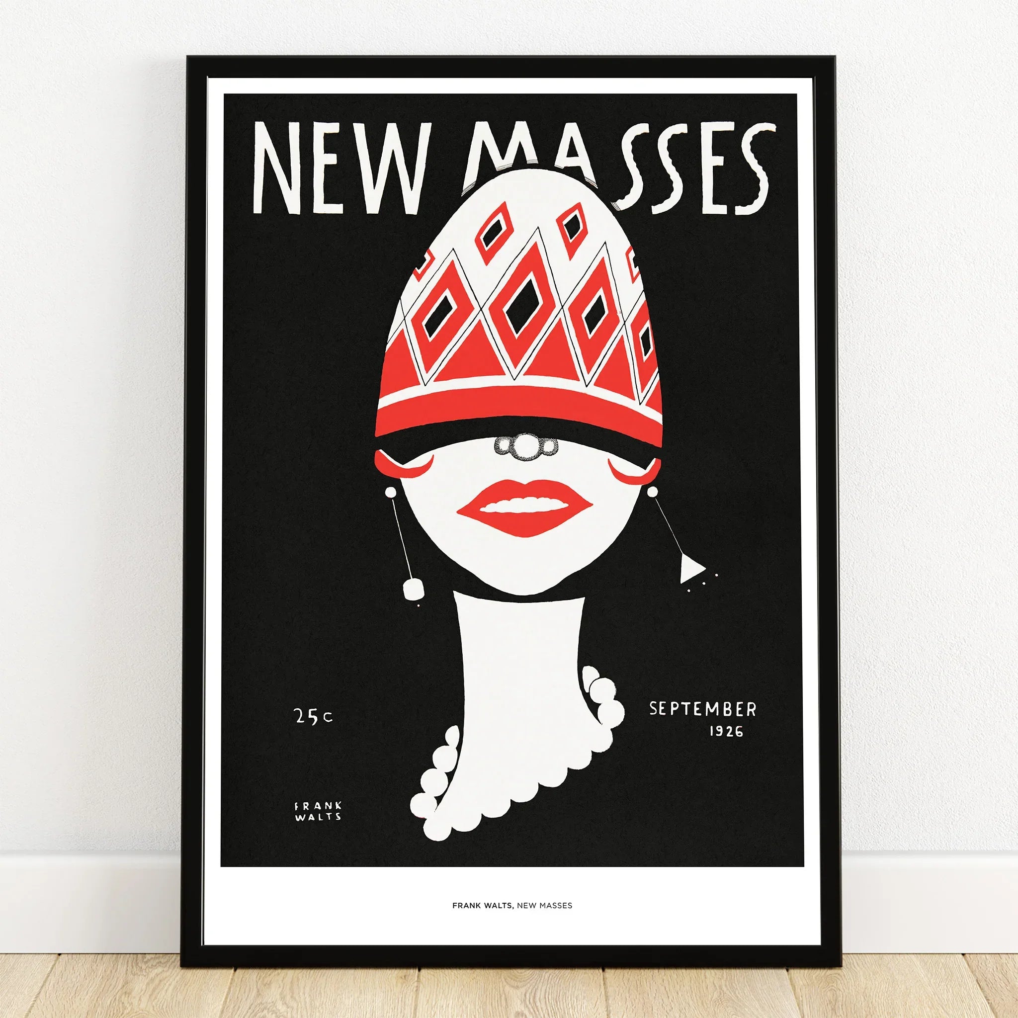 Art deco wall art print with stylized woman in red hat, pearls, and bold graphic design