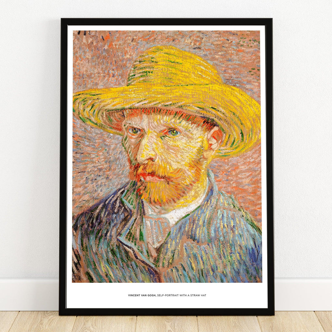 Framed wall art print featuring a colorful self-portrait of a man in a straw hat