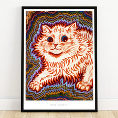 Framed art print of a colorful abstract cat with wavy kaleidoscope background