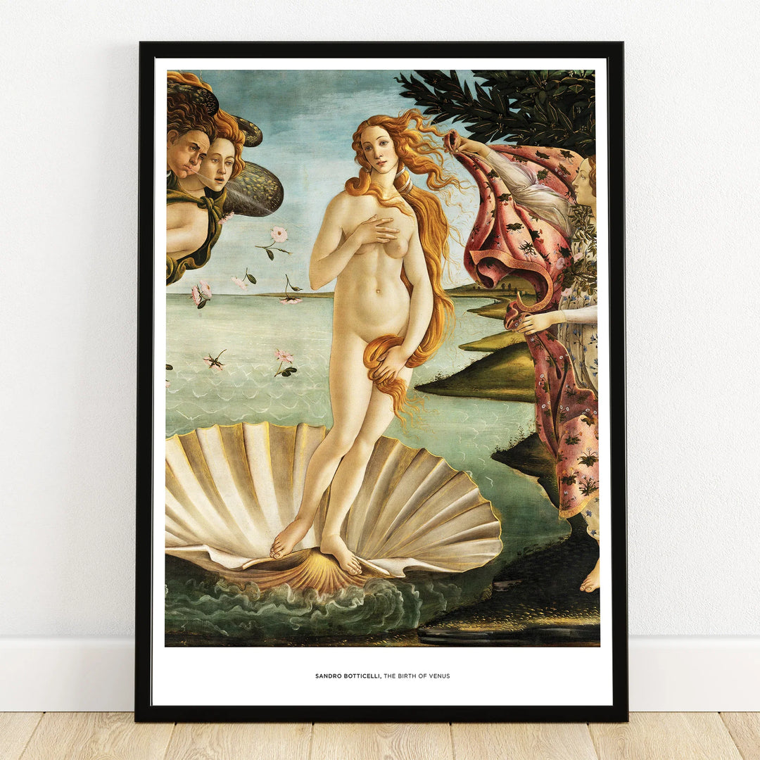 Framed art print of Botticelli’s The Birth of Venus with a seashell and classical figures
