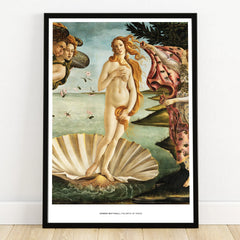 Framed art print of Botticelli’s The Birth of Venus with a seashell and classical figures