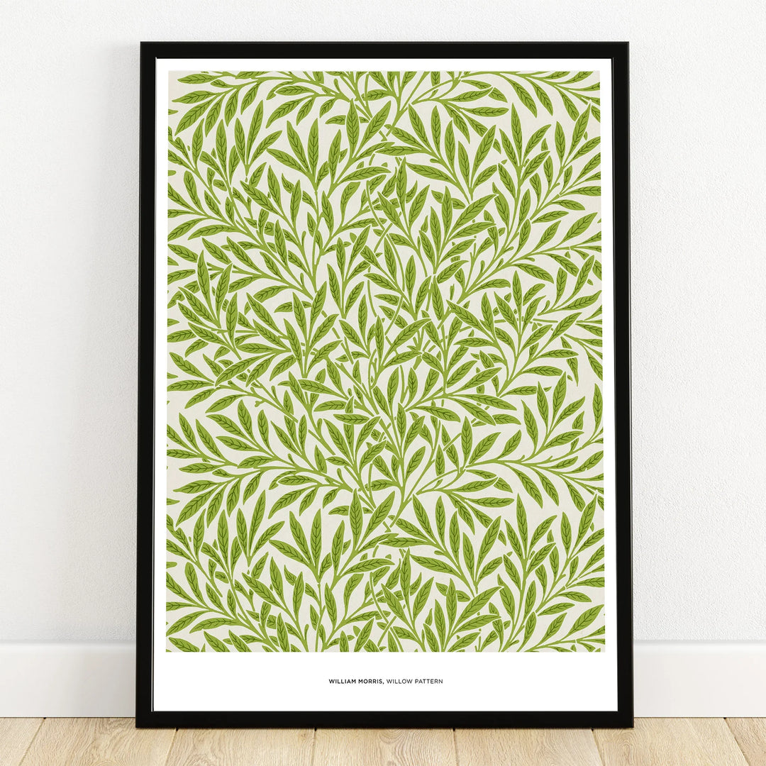 Framed art print with green willow leaf pattern, modern botanical wall decor