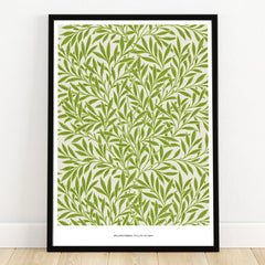 Framed art print with green willow leaf pattern, modern botanical wall decor